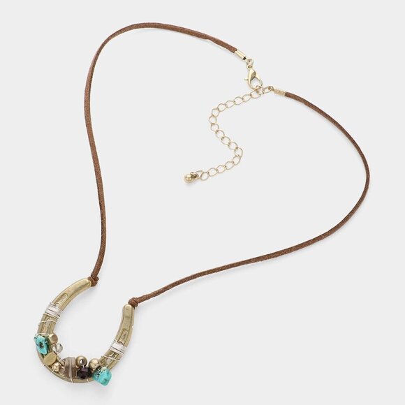 NEW Boho Golden Beaded Horseshoe Brown Suede Cord Necklace - Picture 1 of 9